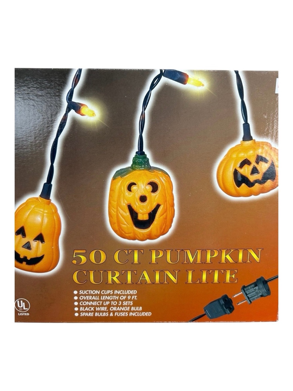 Vintage Kmart Halloween 50 Ct Pumpkin Curtain Lights Jack O Lantern 9 Ft Tested